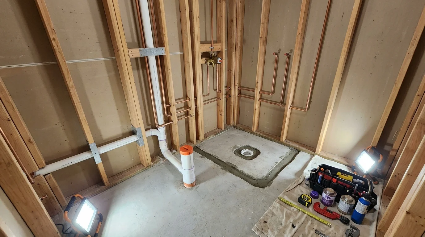 Bathroom rough-in plumbing during remodel by Johns Plumbing LLC in Federal Way