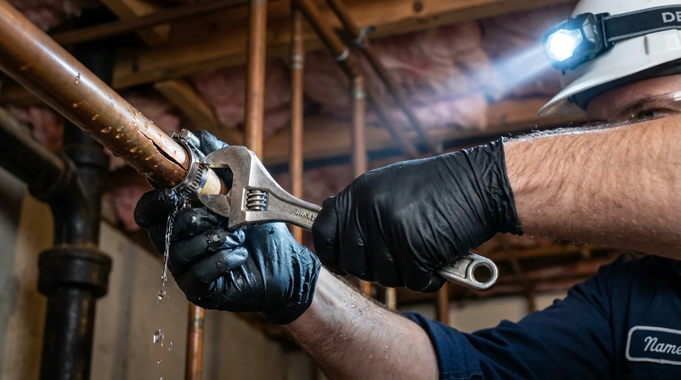 Emergency pipe clamp repair being performed by a Johns Plumbing LLC plumber in Federal Way