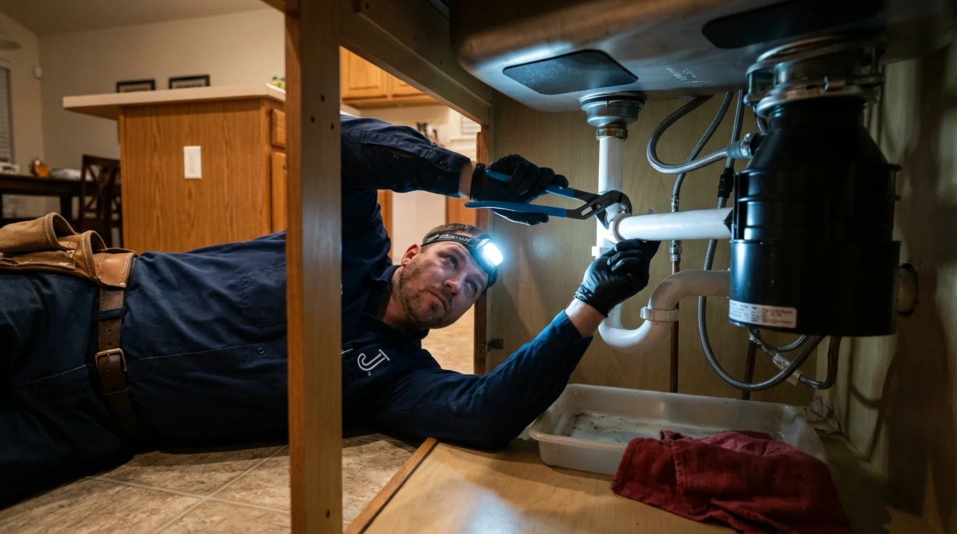 P-trap and supply line connections under a kitchen sink showing a common leak point in Federal Way, WA